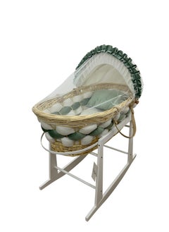 Star Kids Elegant Baby Crib (Moses Basket) Green and White with Rocking Wooden Base, Mattress and Mosquito Net  - Image 1