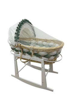 Star Kids Elegant Baby Crib (Moses Basket) Green and White with Rocking Wooden Base, Mattress and Mosquito Net  - Image 2