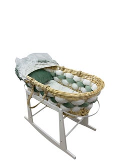 Star Kids Elegant Baby Crib (Moses Basket) Green and White with Rocking Wooden Base, Mattress and Mosquito Net  - Image 3
