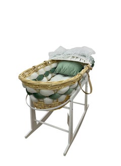 Star Kids Elegant Baby Crib (Moses Basket) Green and White with Rocking Wooden Base, Mattress and Mosquito Net  - Image 5