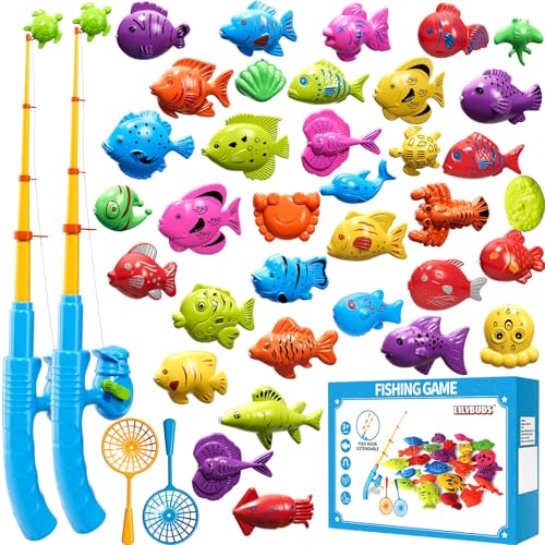 LILYBUDS Magnetic Fishing Game Toys for Kids Toddlers 35 48 Water Table Bathtub Toys with Pole Rod Net Plastic Floating Fish Water Bath Pool Outdoor Toys for Kids Toddlers Baby Age 3 4 5 6 7 8 Year Old - Image 1