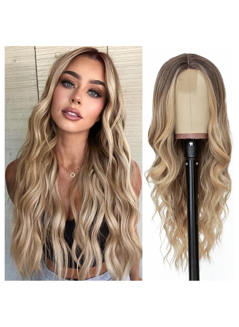 Estelle Long Ombre Blonde Wavy Wig for Women 26 Inch Middle Part Curly Wavy Wig Natural Looking Synthetic Heat Resistant Fiber Wig for Daily Party Use (Ombre Blonde) - Image 1