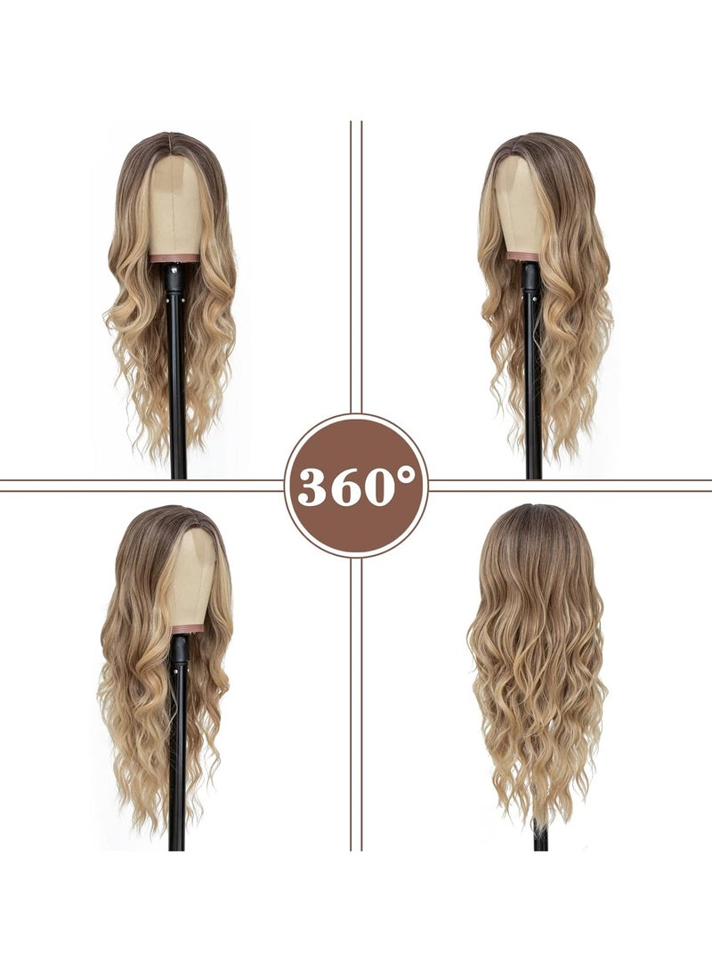 Estelle Long Ombre Blonde Wavy Wig for Women 26 Inch Middle Part Curly Wavy Wig Natural Looking Synthetic Heat Resistant Fiber Wig for Daily Party Use (Ombre Blonde) - Image 3