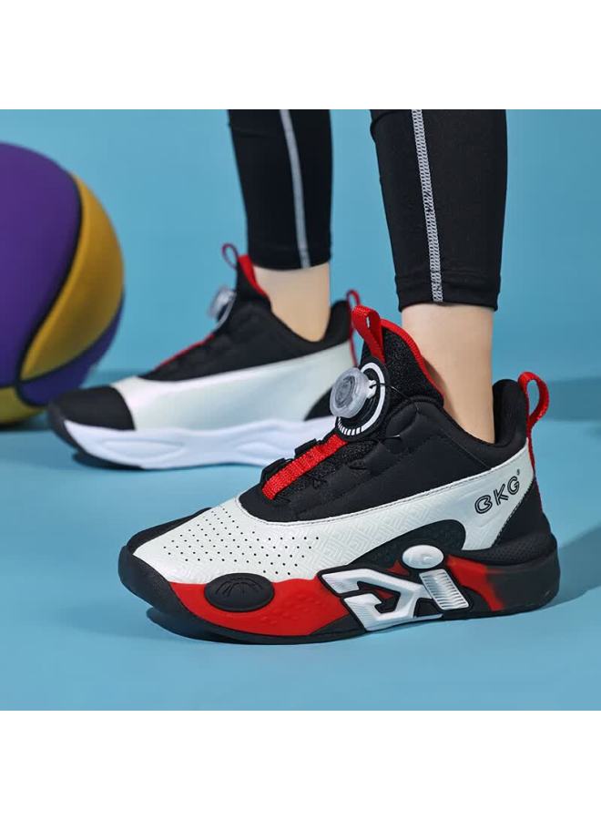 Bkg Kids Basketball Shoes Boys Non-slip Sports Youth Leather Cushioning Sneakers Zyc25568 Black White Red Size 40 - Image 3