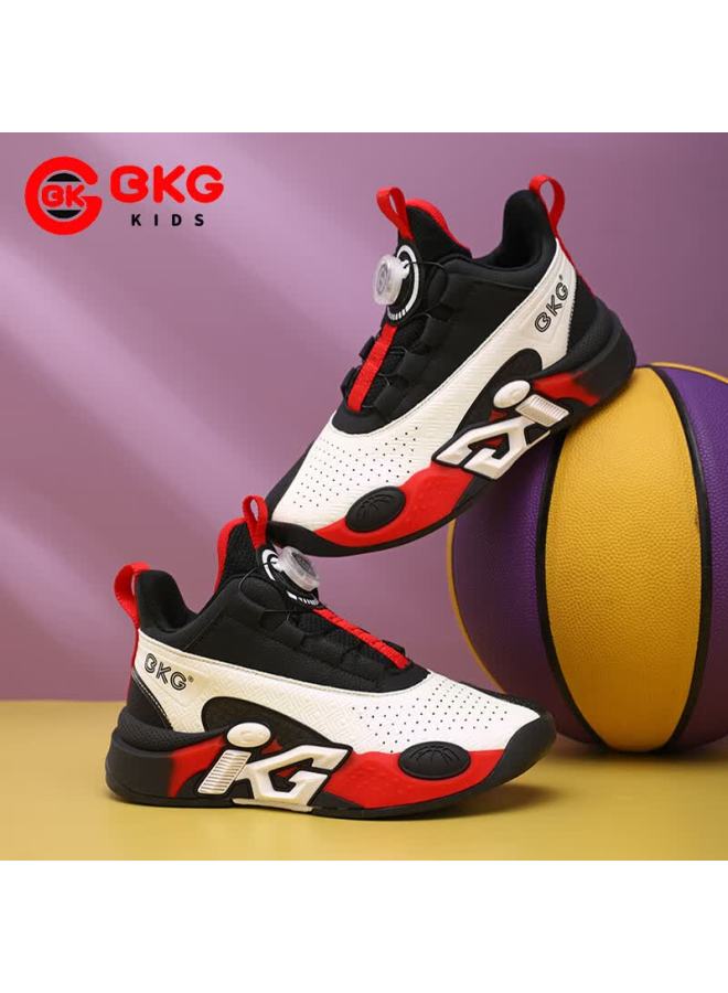 Bkg Kids Basketball Shoes Boys Non-slip Sports Youth Leather Cushioning Sneakers Zyc25568 Black White Red Size 40 - Image 1
