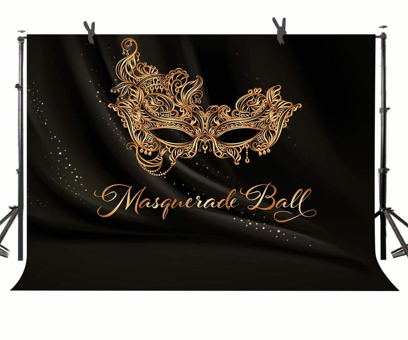 SSCSTS Golden Mask Backdrop 9x6ft Shining Retro Golden Mask Masquerade Ball Black Photography Background Mardi Gras Masquerade Carnival Party Banner LYST1097 - Image 1