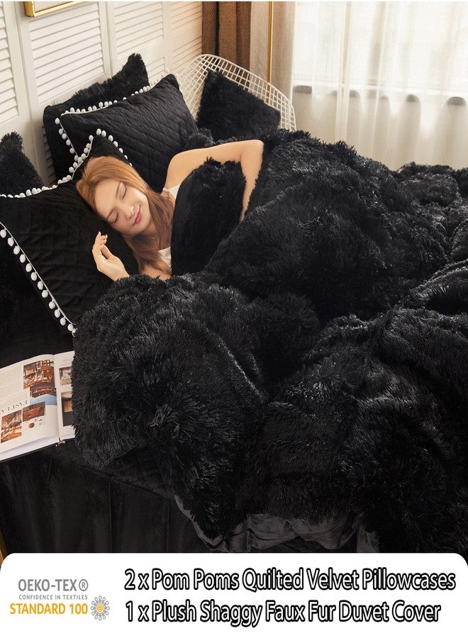 LIFEREVO Luxury Plush Shaggy Duvet Cover Set, Ultra Soft Fluffy Furry Duvet Cover Set(1 Faux Fur Fuzzy Comforter Cover + 2 Pom Poms Velvet Pillow Cases) Solid Bedding Set, Zipper Closure(King, Black) - Image 3