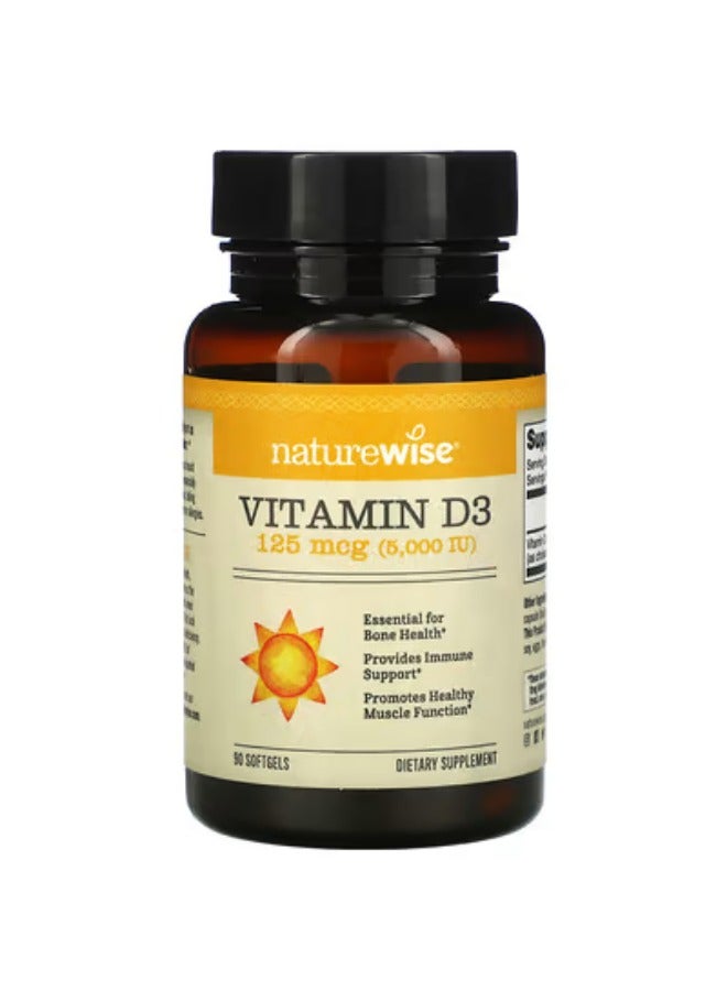 NatureWise, Vitamin D3, 125 mcg (5,000 IU), 90 Softgels - Image 1