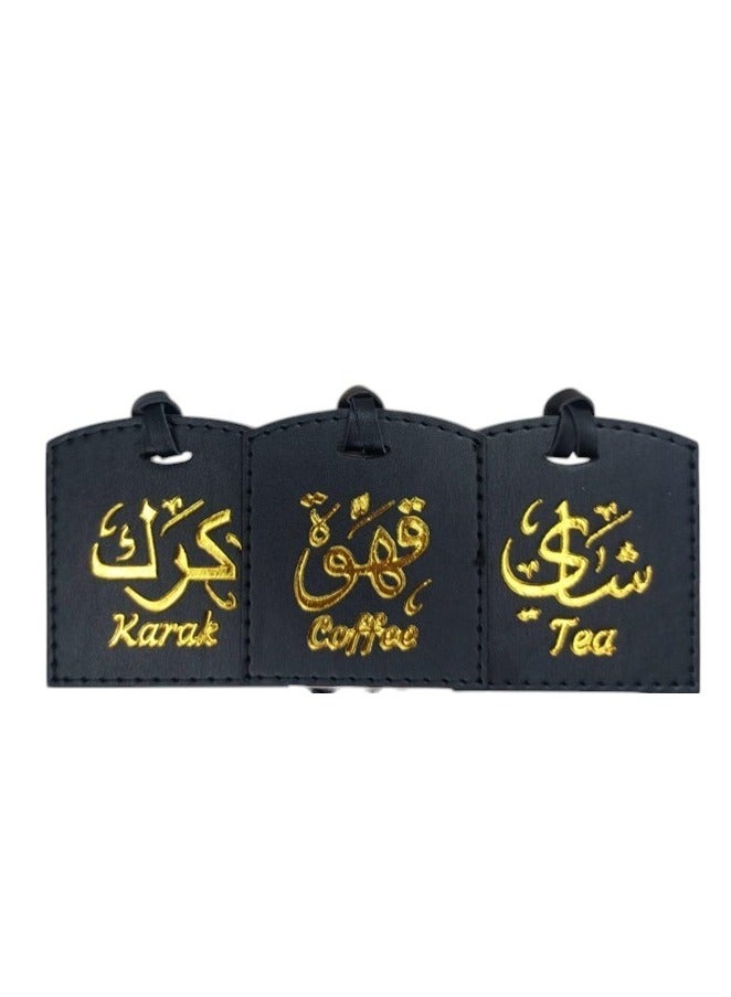 Bayti H.H. Selsela Leather Hanging Tags – Elegant Dallah Name Labels for Tea, Karak & Coffee Set D (Black Set of 3)