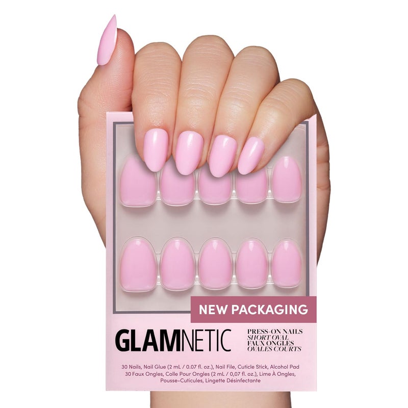 Glamnetic Press On Nails  Think Pink  Solid Opaque Light Pastel Pink Short Oval Nails Reusable  15 Sizes  30 Nail Kit