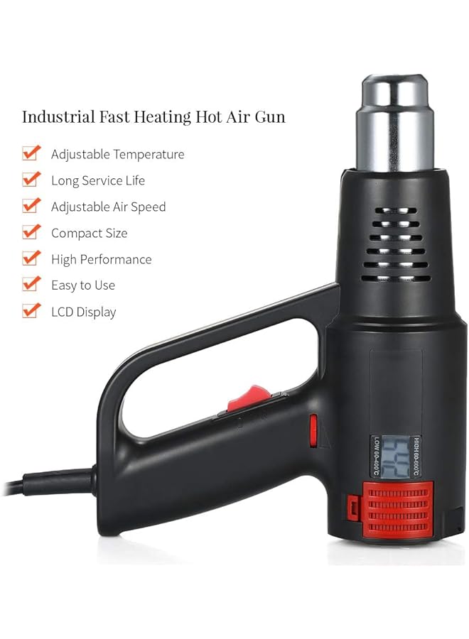 erorex 2000W Heating Gun Hot Air Gun With Lcd Digital Display 6 Nozzles Stepless Temperature Adjustment Overload Protection For Paint Stripping Pipework Soldering Car Wrapping Sticker Removing  - Image 2