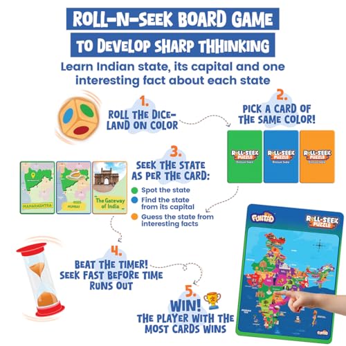 Funtad Roll N Seek India Map - Educational Board Game & Puzzle | Learn Indian Sate, Capital and Interesting Facts| State Shaped Puzzle (72 pcs)| Return & Birthday Gift for Boys & Girls Age 6-12 yrs - Image 2
