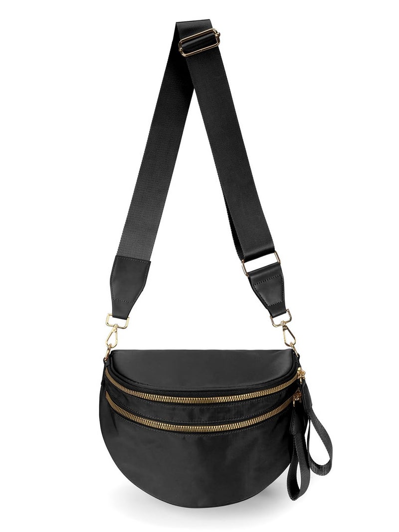 MEISEY Pure Colour Crossbody Bag Bum Bag for Women,Spacious Purse Fanny Packs Belt Bag,Oversized Bum Bag (Colour Bum Bag-Black) - Image 1