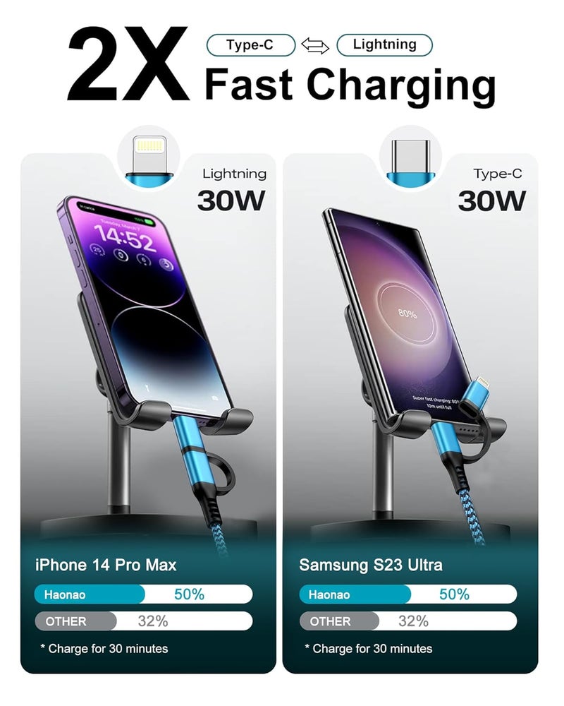 كابل USB C إلى Lightning وكابل USB C، [2 في 1/6 أقدام] شحن متعدد USB C مع منفذ Lightning/Type C لشاحن iPhone، شحن سريع لـ iPhone 17e 16 15 14 13 Pro Max Mini، iPad، iPod، Galaxy، Google - Image 3