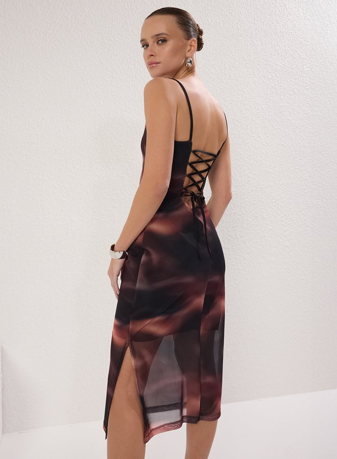 trendyol Black Printed Strappy Fitted Square Neck Tulle Stretch Knit Midi Pencil Dress - Image 1