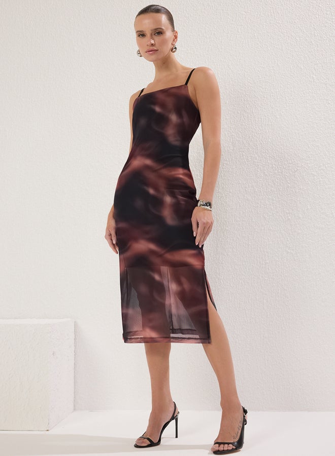 trendyol Black Printed Strappy Fitted Square Neck Tulle Stretch Knit Midi Pencil Dress - Image 2