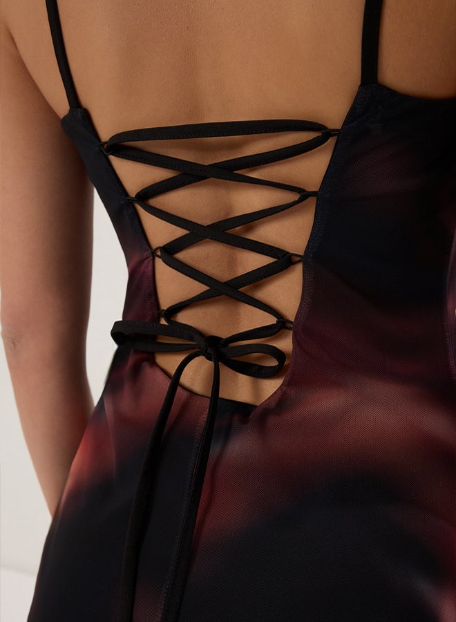 trendyol Black Printed Strappy Fitted Square Neck Tulle Stretch Knit Midi Pencil Dress - Image 3