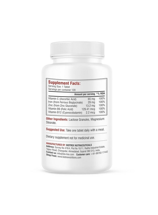 Biotrex Nutraceuticals Chelated Iron + Vitamin C, B12, Folic Acid & Zinc, Boost Hemoglobin Levels & Improves Concentration Levels, Energy & Blood Building - 120 Vegetarian Tablets - Image 2