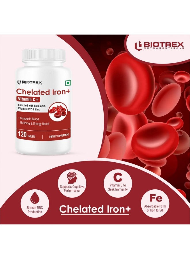 Biotrex Nutraceuticals Chelated Iron + Vitamin C, B12, Folic Acid & Zinc, Boost Hemoglobin Levels & Improves Concentration Levels, Energy & Blood Building - 120 Vegetarian Tablets - Image 5