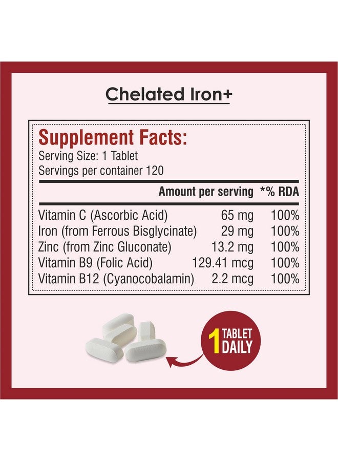 Biotrex Nutraceuticals Chelated Iron + Vitamin C, B12, Folic Acid & Zinc, Boost Hemoglobin Levels & Improves Concentration Levels, Energy & Blood Building - 120 Vegetarian Tablets - Image 4