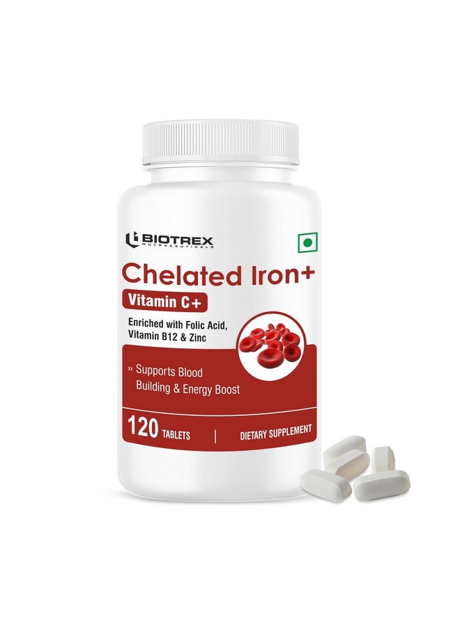 Biotrex Nutraceuticals Chelated Iron + Vitamin C, B12, Folic Acid & Zinc, Boost Hemoglobin Levels & Improves Concentration Levels, Energy & Blood Building - 120 Vegetarian Tablets - Image 1