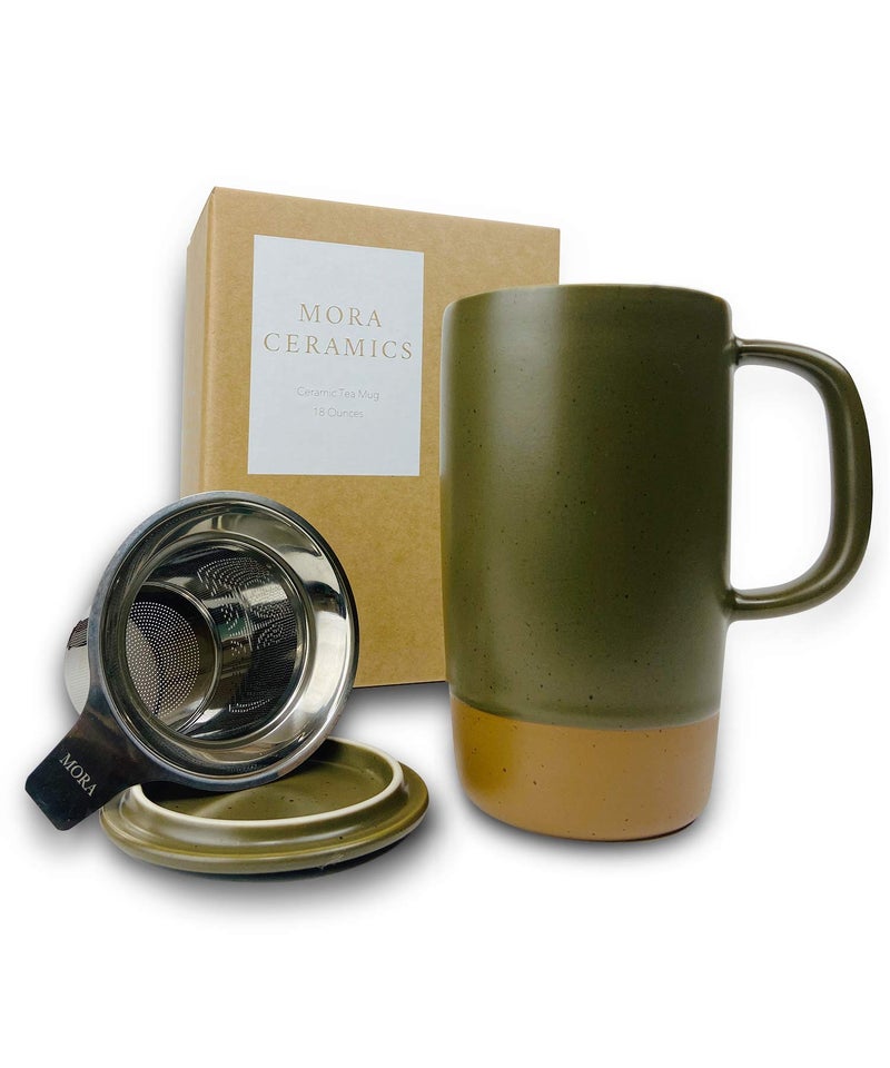 Mora Ceramics Large Tea Mug with Loose Leaf Infuser and Ceramic Lid 18 oz Portable Microwave and Dishwasher Safe Tall Coffee Cup  Rustic Matte Ceramic Glaze Modern Herbal Tea Strainer Olive