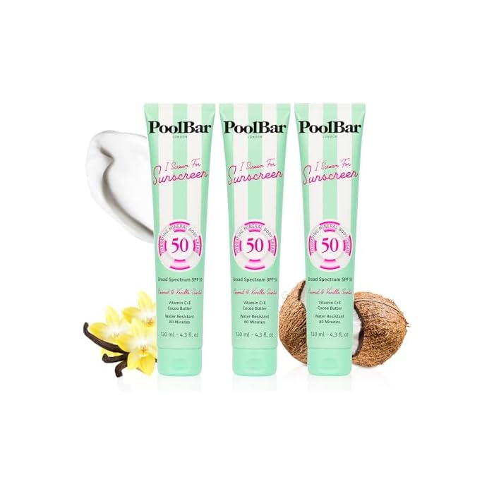 PoolBar SPF 50 Hydrating Mineral Body Sunscreen Cream for Women and Men Skin Care - Coconut Vanilla Scent Sun Care, Vegan and Water Resistant, Broad Spectrum Sunscreen, 130 ml (4.3 Fl. Oz) (Pack of 3)