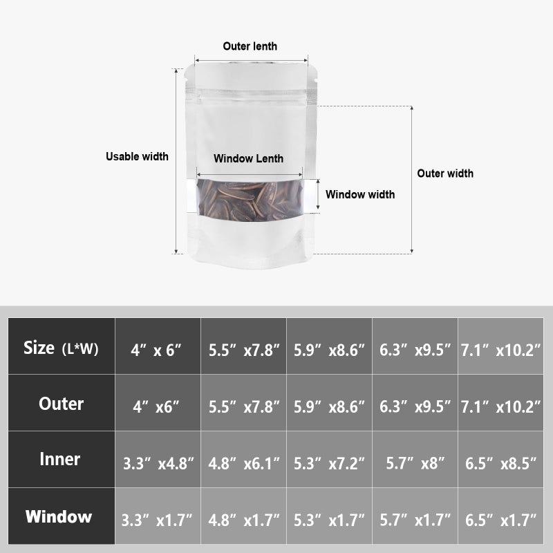 ODDIER ODDIER 5.5""x7.8"" 120pcs Smell Proof Mylar Bags for Food Storage  Stand-up Resealable Mylar Bags Food Storage Bags with Matte Window  Foil Pouch Stand-up Bags for Food Self Sealing Storage(white)  - Image 2