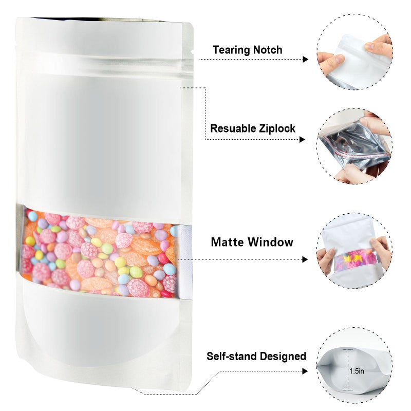 ODDIER ODDIER 5.5""x7.8"" 120pcs Smell Proof Mylar Bags for Food Storage  Stand-up Resealable Mylar Bags Food Storage Bags with Matte Window  Foil Pouch Stand-up Bags for Food Self Sealing Storage(white)  - Image 3