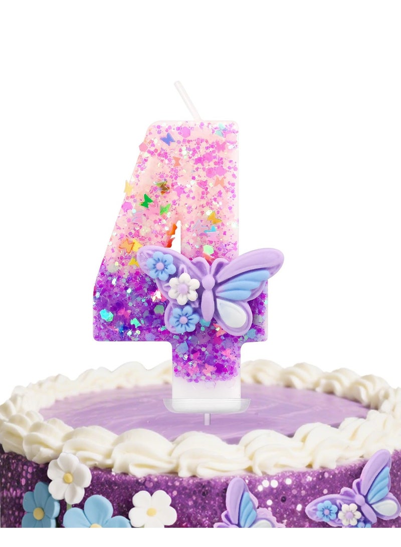Birthday Candles Butterfly Birthday Candles for Cake Glitter Number 4 Candle Cake Topper with Sequins  - Image 1