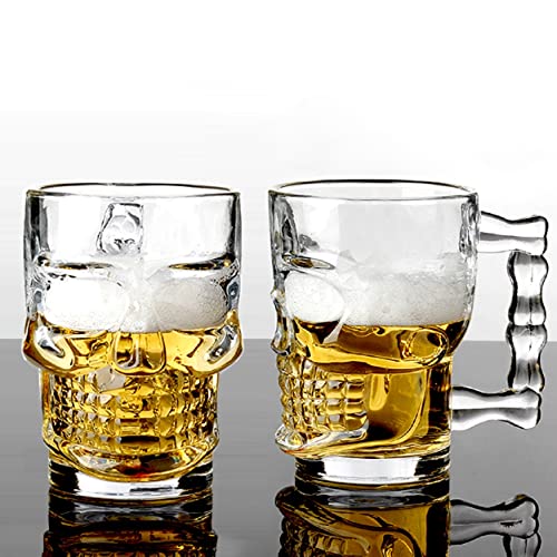 TIENER Skull Design Glass Beer Mugs | 520 ml, Pack of 2 | Glass Mugs with Fancy Handle for Home Dining Table (2, Skull Beer Mug 520ML) - Image 1