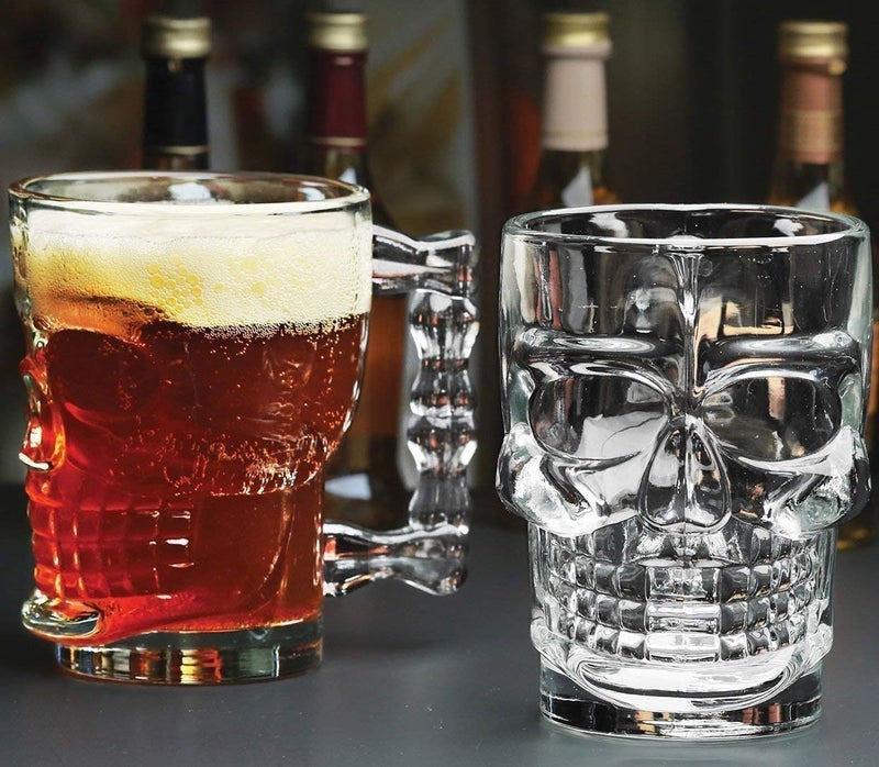 TIENER Skull Design Glass Beer Mugs | 520 ml, Pack of 2 | Glass Mugs with Fancy Handle for Home Dining Table (2, Skull Beer Mug 520ML) - Image 2