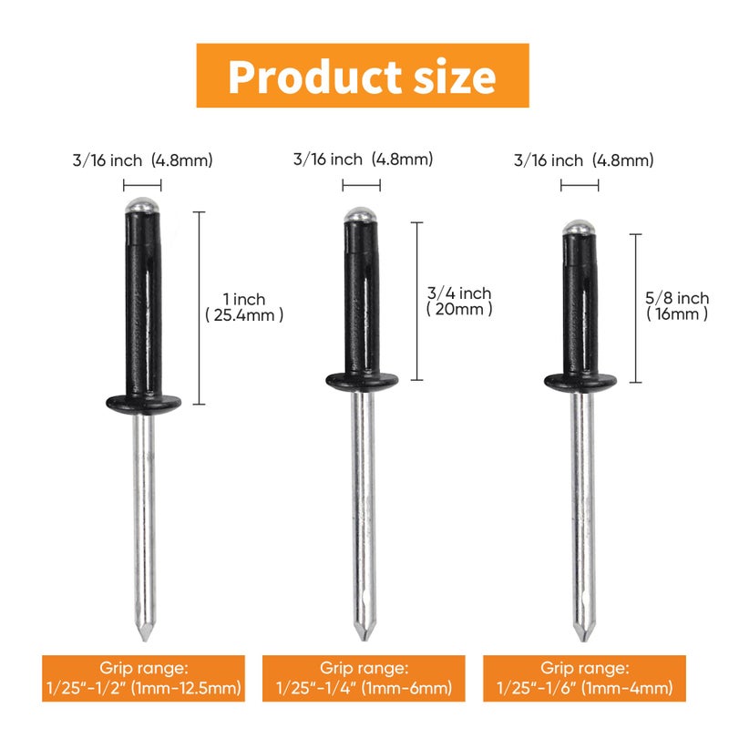 ALLCLEAN 3/16" x 5/8"-3/4"-1" Tri-Fold Rivets Assortment - 75Pcs,Black Tri-fold Exploding Pop Rivets Solid Aluminum Tri Grip Rivets Bulb Style Rivets for Kayak Marine Boat - Image 3
