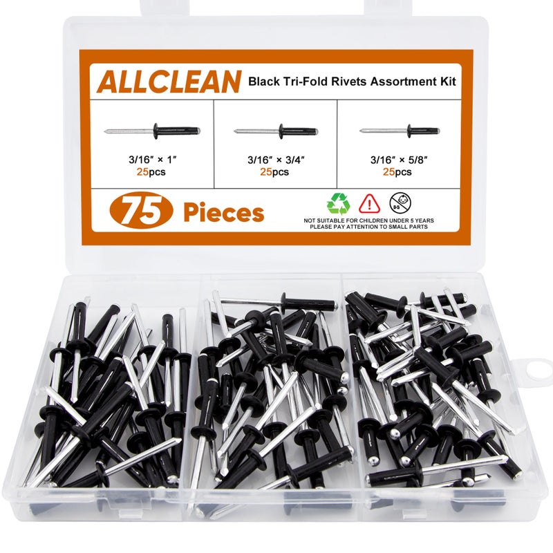 ALLCLEAN 3/16" x 5/8"-3/4"-1" Tri-Fold Rivets Assortment - 75Pcs,Black Tri-fold Exploding Pop Rivets Solid Aluminum Tri Grip Rivets Bulb Style Rivets for Kayak Marine Boat - Image 1