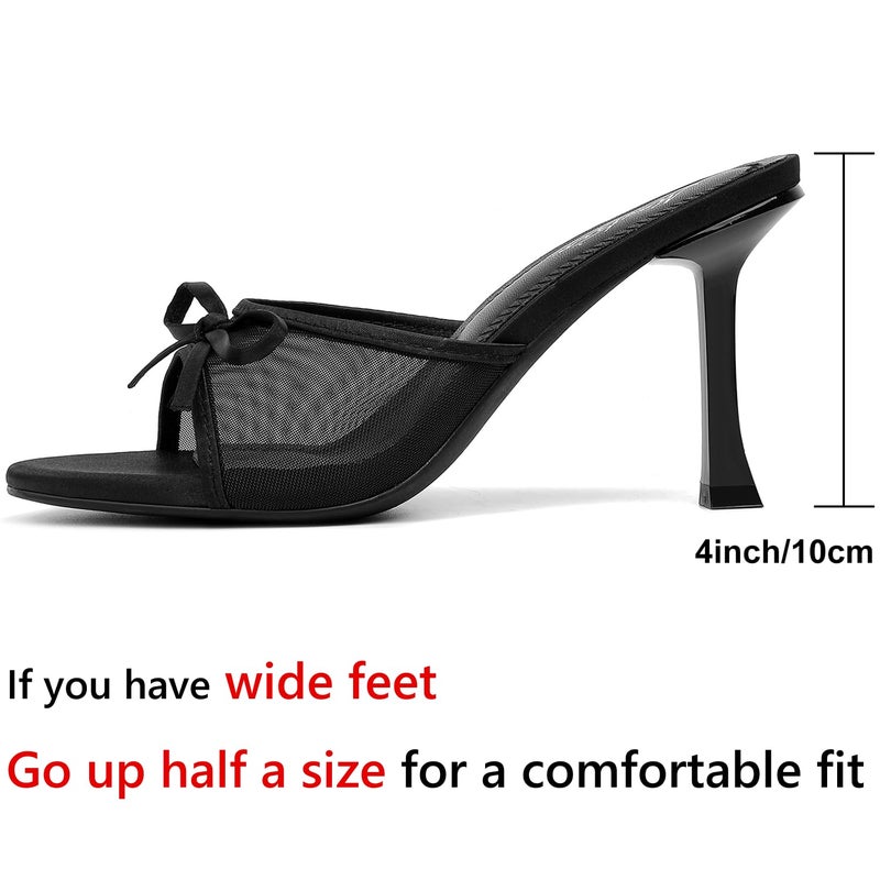 Mostrin Black Mesh Mules Heels with Bow Open Round Toe Stiletto High Heels for Women Dress Slip On Backless Heeled Sandals for Party Holiday Size 9 - Image 4