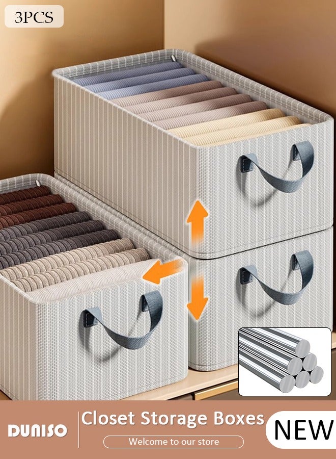 DUNISO 3PCS Wardrobe Clothes Organizer with Portable Handle, Large Capacity Closet Storage Organizer with Steel Frame Support, Foldable Fabric Storage Bins for Clothes Jeans, Washable Closet Storage Boxes Storage Bin for Home Office - Image 1