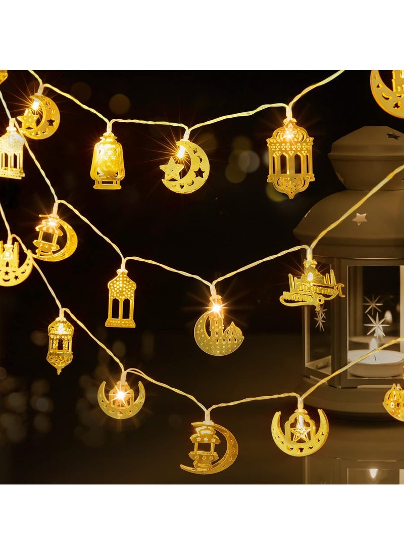 جورونب سلسلة أضواء رمضان وعيد الفطر - 9.8 قدم 20 مصباح LED لتزيين مبارك، ديكور إسلامي مع فانوس كيروسين على شكل نجمة وقمر وزينة القصر للاستخدام الداخلي والخارجي والحديقة المنزلية والحفلات  - Image 1