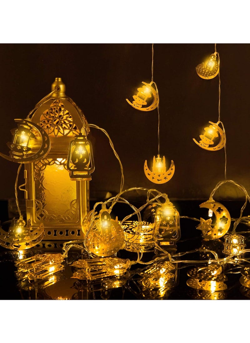 جورونب سلسلة أضواء رمضان وعيد الفطر - 9.8 قدم 20 مصباح LED لتزيين مبارك، ديكور إسلامي مع فانوس كيروسين على شكل نجمة وقمر وزينة القصر للاستخدام الداخلي والخارجي والحديقة المنزلية والحفلات  - Image 2