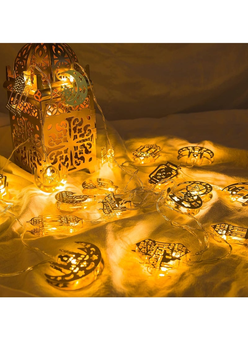 جورونب سلسلة أضواء رمضان وعيد الفطر - 9.8 قدم 20 مصباح LED لتزيين مبارك، ديكور إسلامي مع فانوس كيروسين على شكل نجمة وقمر وزينة القصر للاستخدام الداخلي والخارجي والحديقة المنزلية والحفلات  - Image 3