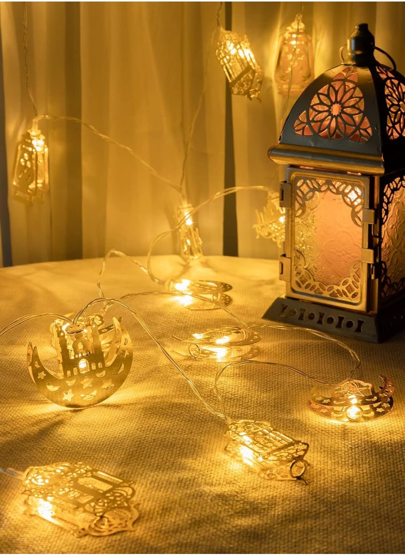 جورونب سلسلة أضواء رمضان وعيد الفطر - 9.8 قدم 20 مصباح LED لتزيين مبارك، ديكور إسلامي مع فانوس كيروسين على شكل نجمة وقمر وزينة القصر للاستخدام الداخلي والخارجي والحديقة المنزلية والحفلات  - Image 5