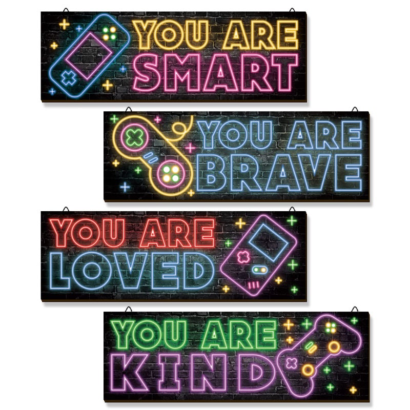 4 Pieces Neon Gaming Decor for Boys Room Wooden Video Game Wall Art Print 118 x 3 Inch Motivational Quote Gamer Hanging Plaques Wall Decor for Boys Kids Room Bedroom Playroom Decorations Neon B