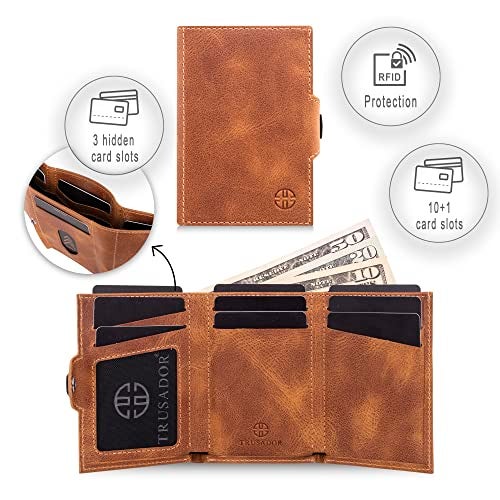 TRUSADOR Toscana Trifold Leather Wallet For Men and Women Card Holder with RFID Protection (Without Coin Pocket, Cognac) - Image 3