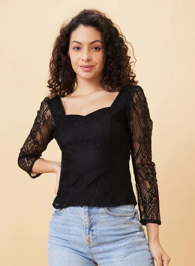 globus Globus Sweetheart Neck Puff Sleeves Lace Top