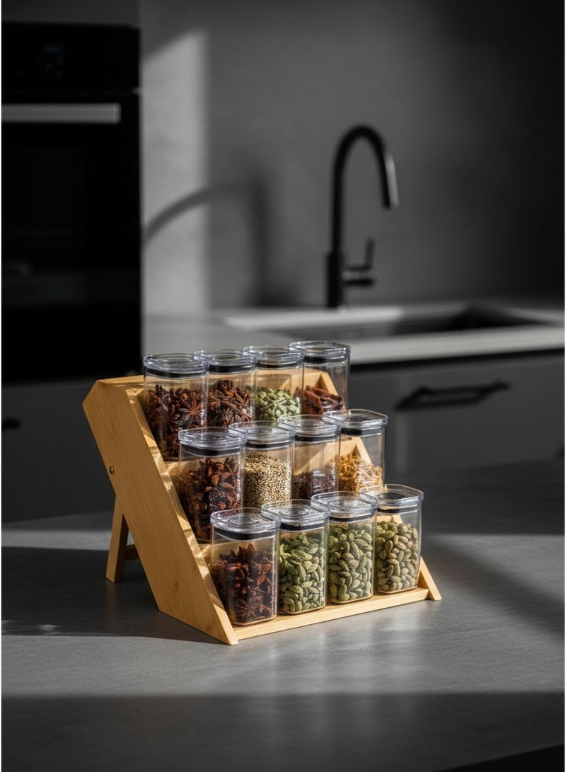 كاسا هوم رف بهارات خشب زان طبيعي 3 مستويات مع 12 برطمان شفاف منظم أنيق مصر - Image 1