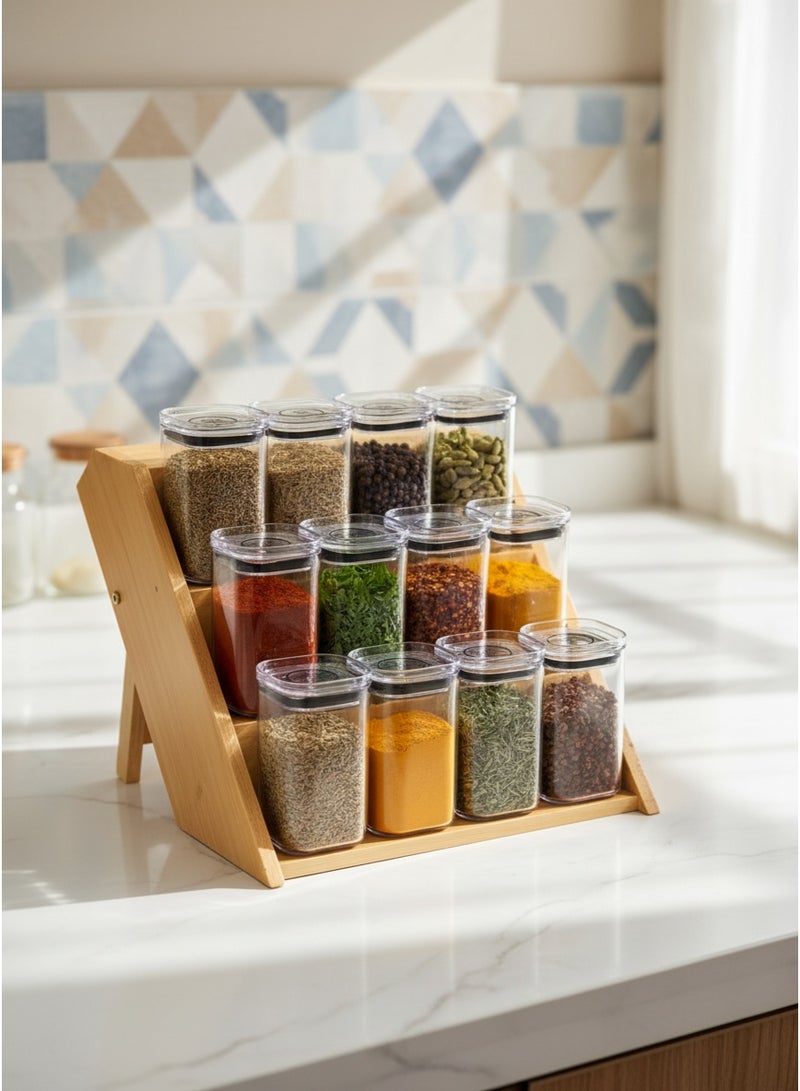 كاسا هوم رف بهارات خشب زان طبيعي 3 مستويات مع 12 برطمان شفاف منظم أنيق مصر - Image 3
