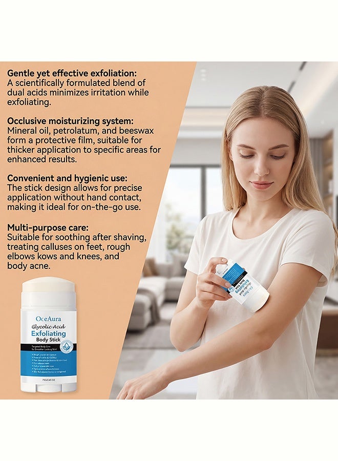 OceAura Glycolic Acid Exfoliating Body Stick, a targeted body exfoliating product, creates smoother skin. It is designed to remove rough and uneven textures, as well as blemishes that clog the skin. It is also suitable for underarm care, and hand, knee, and heel exfoliation.75g - Image 4