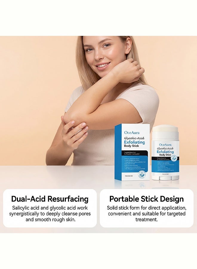 OceAura Glycolic Acid Exfoliating Body Stick, a targeted body exfoliating product, creates smoother skin. It is designed to remove rough and uneven textures, as well as blemishes that clog the skin. It is also suitable for underarm care, and hand, knee, and heel exfoliation.75g - Image 2