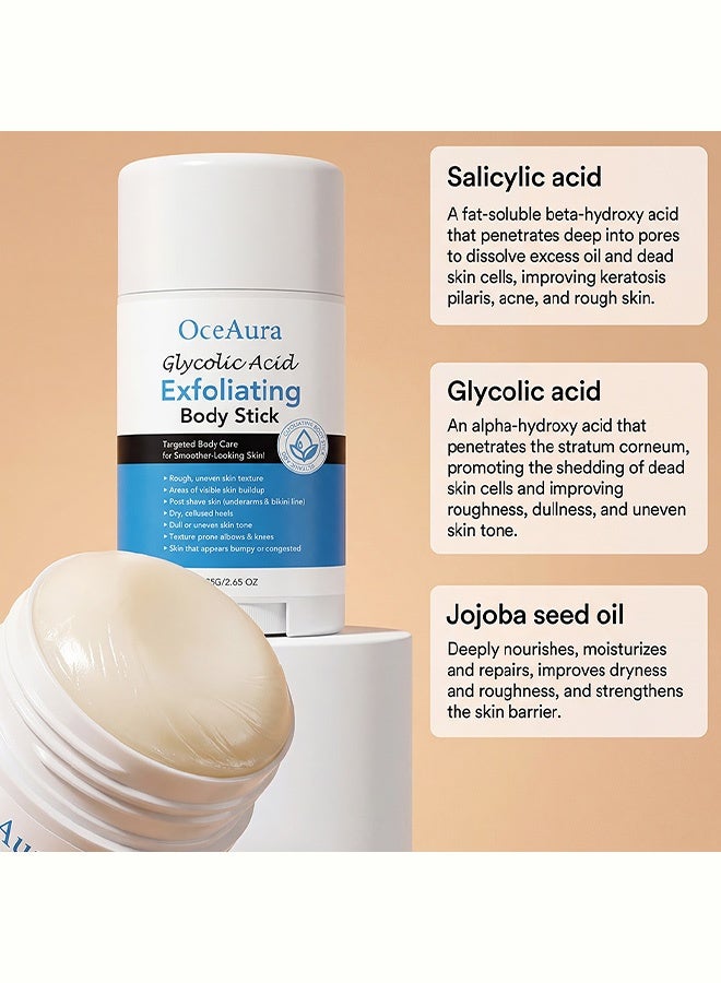 OceAura Glycolic Acid Exfoliating Body Stick, a targeted body exfoliating product, creates smoother skin. It is designed to remove rough and uneven textures, as well as blemishes that clog the skin. It is also suitable for underarm care, and hand, knee, and heel exfoliation.75g - Image 5