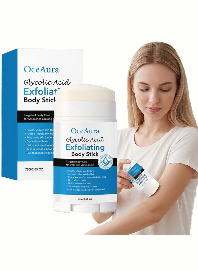 OceAura Glycolic Acid Exfoliating Body Stick, a targeted body exfoliating product, creates smoother skin. It is designed to remove rough and uneven textures, as well as blemishes that clog the skin. It is also suitable for underarm care, and hand, knee, and heel exfoliation.75g - Image 1