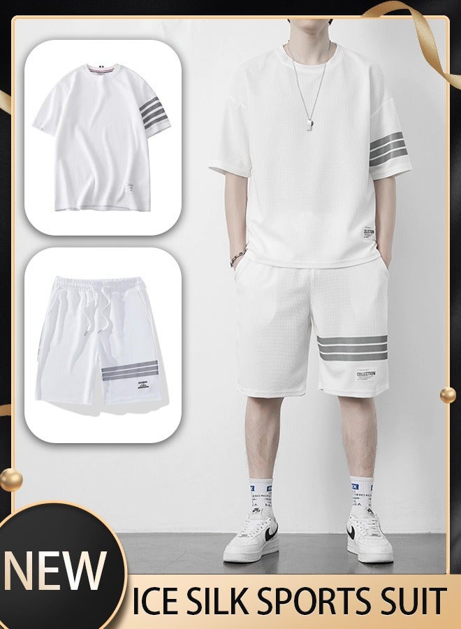 Men's fashionable hawaiian knit striped casual summer suit - Men's summer two-piece set - Shorts + T-shirt - Sporty casual suit  - Image 1